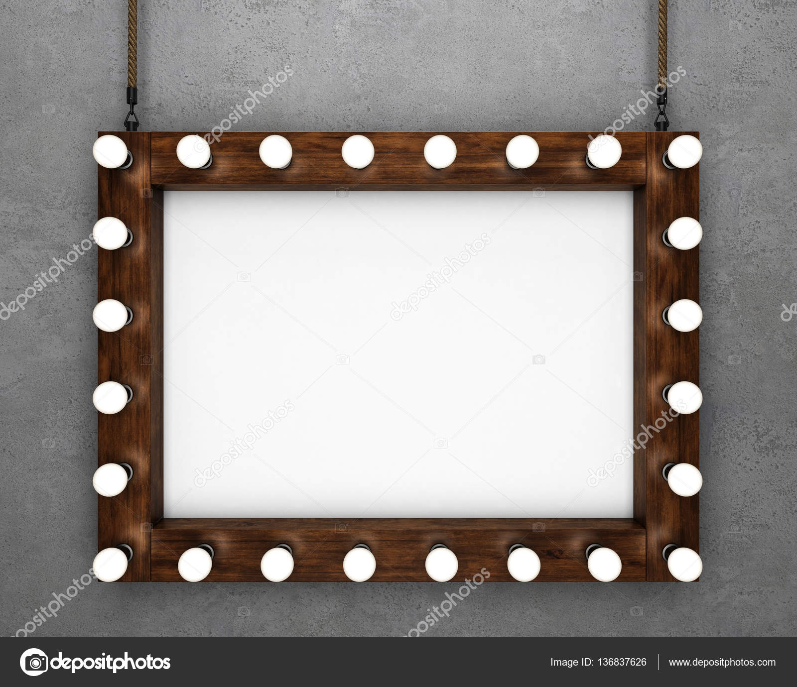 Wooden Frame On Concrete Background Illuminated By Light Bulbs