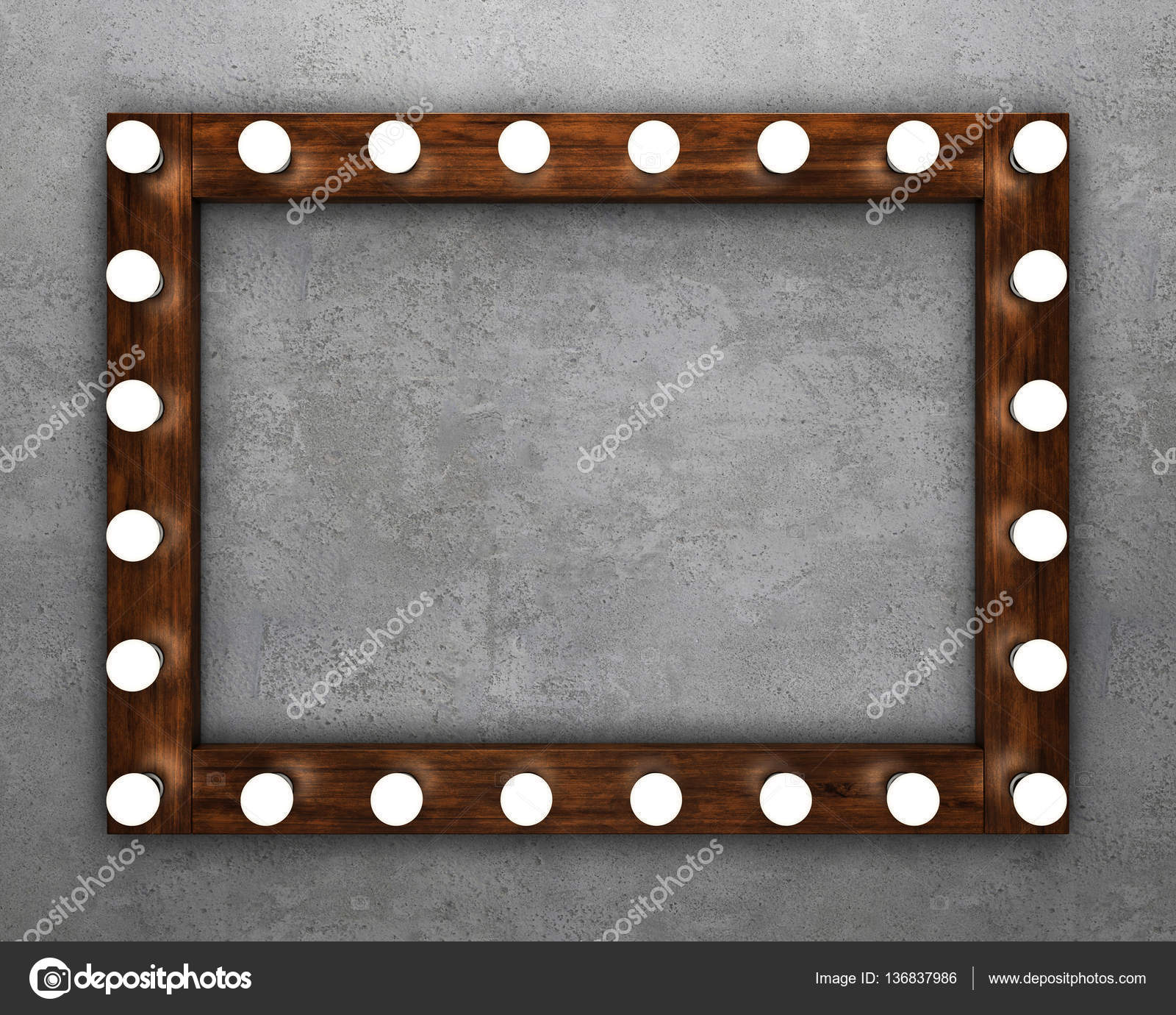 Wooden Frame On Concrete Background Illuminated By Light Bulbs