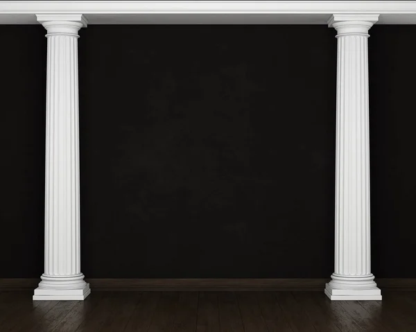 Dark stucco wall with classical columns and wooden floors