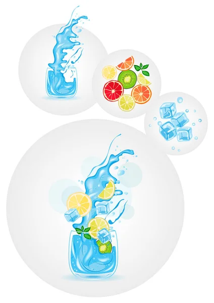 Glas Wasser Eiswasser Wasser Mit Zitrone Fruchtcocktail Zitrusfrüchte Vektorillustration — Stockvektor