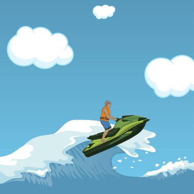 Vector illustration of a rider on a water scooter jumping from the wave. clipart