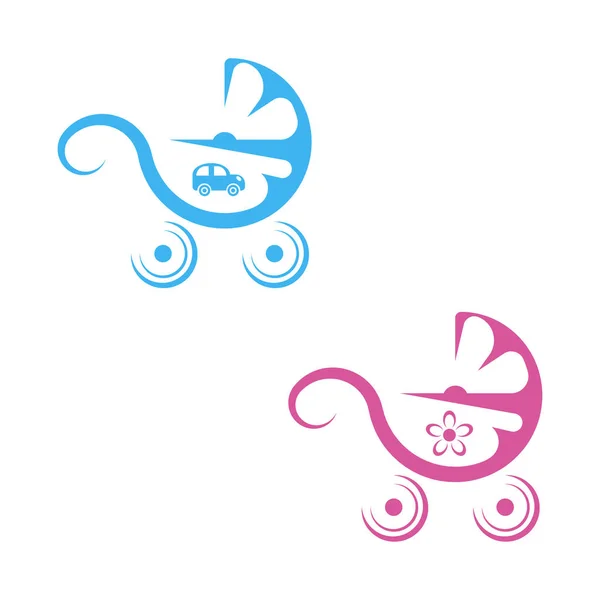 Iconos bebé carro azul y rosa de color . — Vector de stock