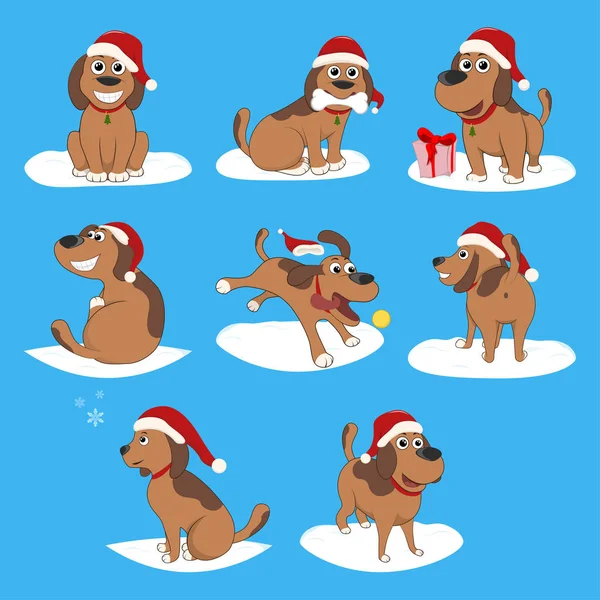 Cachorro instalado divertido Cachorro de dibujos animados en diferentes posiciones. Cachorro en la caja, en el sombrero de Santa — Vector de stock