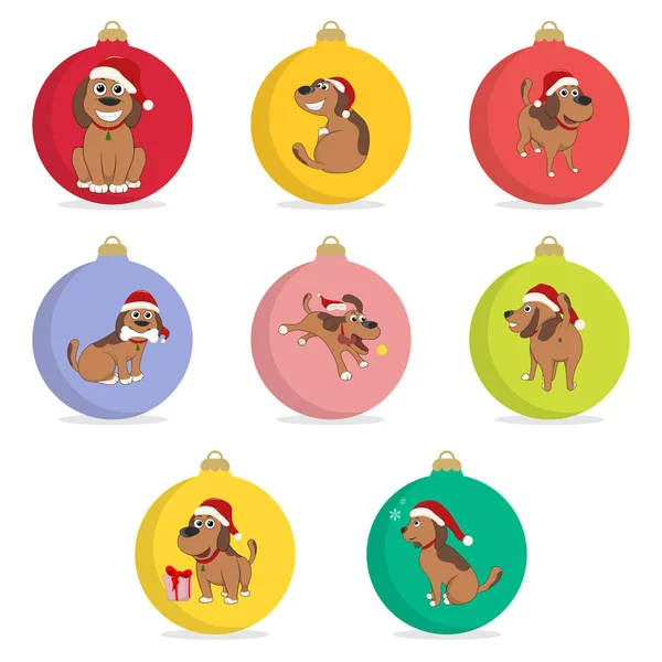 Set di palline natalizie. Funny Cartoon Puppy nel cappello di Babbo Natale in diverse pose. Cucciolo di Capodanno . — Vettoriale Stock