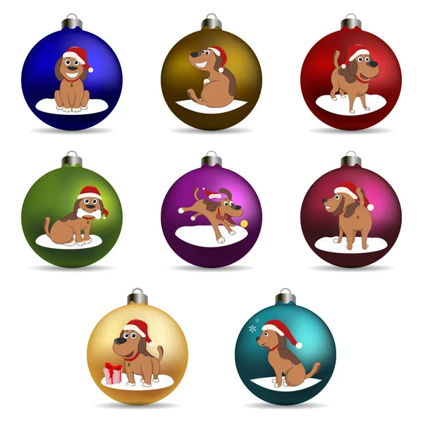 Conjunto de bola de Navidad. Divertido cachorro de dibujos animados en el sombrero de Santa en diferentes poses. Año Nuevo cachorro . — Vector de stock
