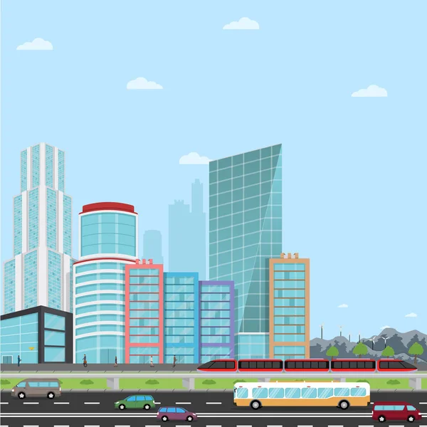 Road in a Modern City View Rascacielos, hombres de negocios, dron, hombre de negocios con un hoverboard — Vector de stock
