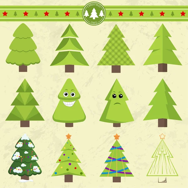 Набор различных рождественских елок. Может использоваться для поздравительных открыток, приглашений, баннеров. Забавная елка с лицом — стоковый вектор
