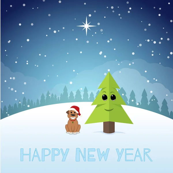 Divertido cachorro cerca del árbol de Navidad. Nuevo año ilustración . — Vector de stock