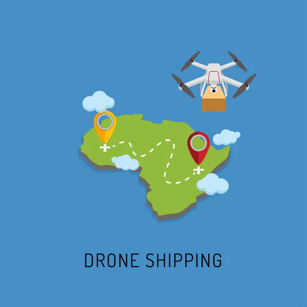 Dron entrega el paquete al lugar designado. Diseño plano . — Vector de stock