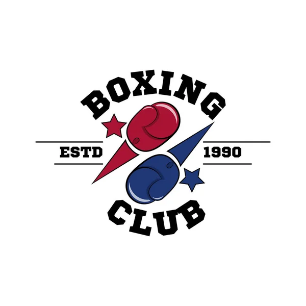 Lucha contra el logotipo del club de boxeo, guantes azules y rojos voladores — Vector de stock