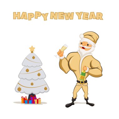 Komik altın Noel Baba'nın bir kadeh şampanya ve gümüş bir Noel ağacı tutuyor.