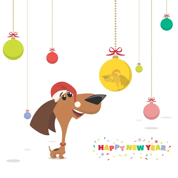 Tarjeta de Navidad, cachorro mira una bola de Navidad — Vector de stock