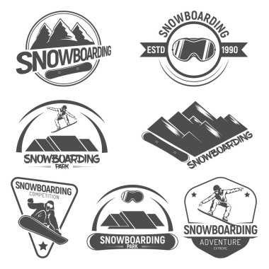 Snowboarding logolar topluluğu. amblem ve retro tarzı içindeki simgeler