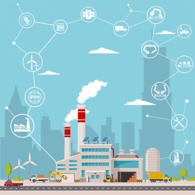 Akıllı fabrika ve çevresindeki simgeler. Akıllı fabrika veya endüstriyel internet şey. vektör çizim