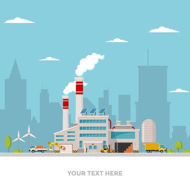 Endüstriyel fabrika düz tarzı bir vektör bir örnek. Fabrika, yol, ağaç, pencere cephe. Eko stil fabrika İtalyan peyzaj