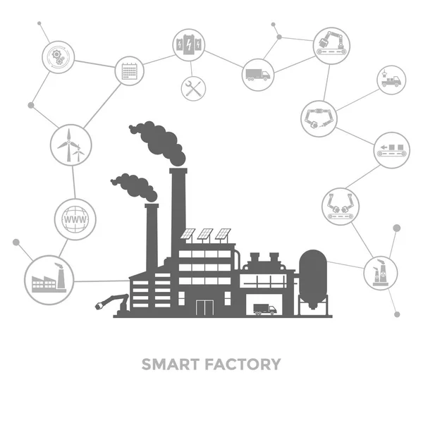 Fábrica inteligente y alrededor de ella iconos. Fábrica inteligente o Internet industrial de las cosas . — Vector de stock