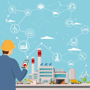 Akıllı fabrika ve çevresinde simgeler mühendis başlayan akıllı bir bitki. Akıllı fabrika veya endüstriyel internet şey. vektör çizim