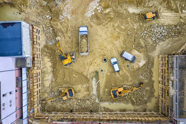 Equipamento Construção Pesado Trabalhando Canteiro Obras Vista Aérea Drone — Fotografia de Stock