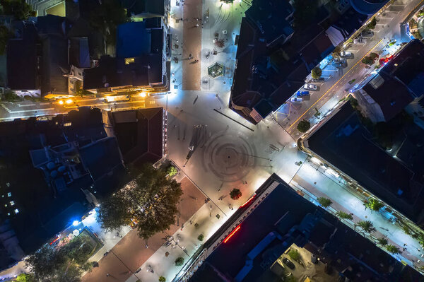 Varna, Bulgaria - October 28, 2019; Aerial view from the drone of the centrum and illuminated streets of Varna city at night