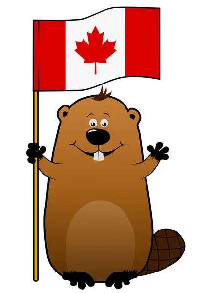 Divertido y alegre castor de dibujos animados con bandera canadiense — Foto de Stock