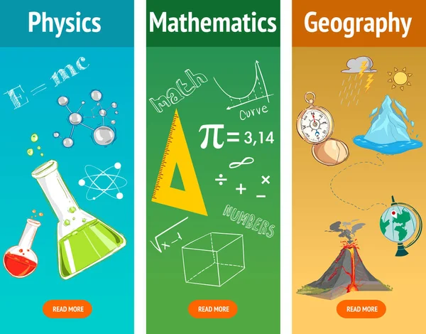Matemáticas básicas. Sujeto de física. Ciencias de la geografía. Cuestiones escolares . — Vector de stock