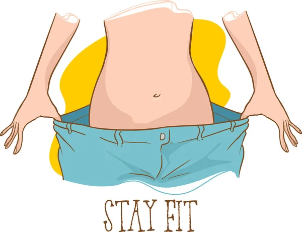 Fit young woman in loose jeans after losing weight isolated on y Stock Illustration