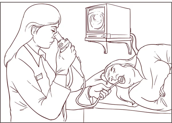 病院で内視鏡のレセプション。医療機器を操作します。 — ストックベクタ
