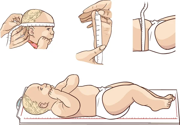 Mosolygó gyönyörű kényelmes kis baba gyerek mérése — Stock Vector