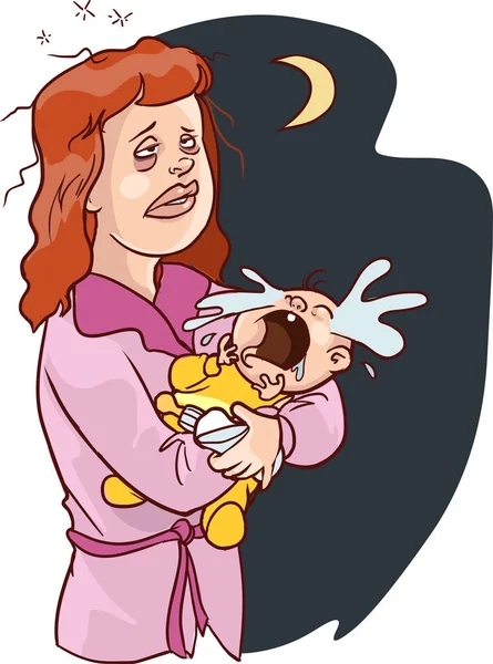 Vetor de um desenho animado sem sono mãe branca carregando um choro Bab —  Vetores de Stock