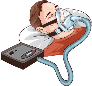 Young Man Lying On Bed With Sleeping Apnea And CPAP clipart