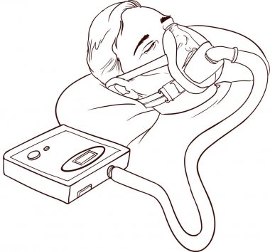 Genç adam ile uyku apnesi ve Cpap yatakta yatarken