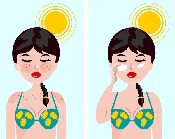 Chica Aplicando Sun Protecting Facial Lotion — Archivo Imágenes Vectoriales