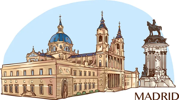 Catedral de Almudena e buen retiro parque vetor ilustração —  Vetores de Stock