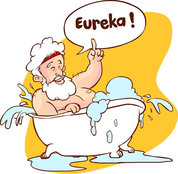 Wektorowa ilustracja Archimedesa w wannie. Kciuk w górę Eureka. a — Wektor stockowy