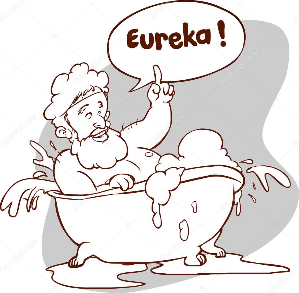 Vector illustration of a Archimedes in bath. Thumbs up eureka. ancient greek mathematician, physicist.