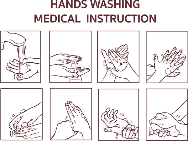 Manos Lavando Instrucciones Médicas Vector Iconos Conjunto Agua Limpieza Ilustración — Archivo Imágenes Vectoriales