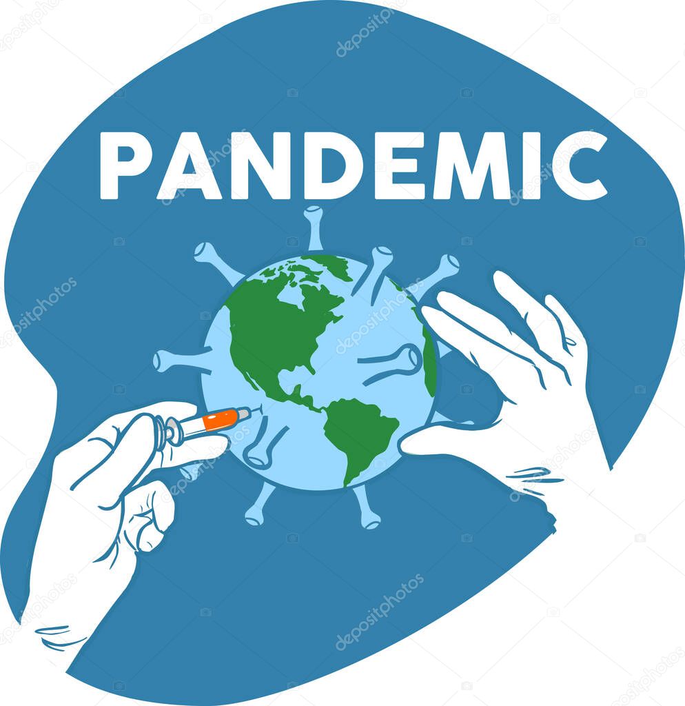 A syringe vaccinates planet earth as a symbol for pandemic disease vaccination.