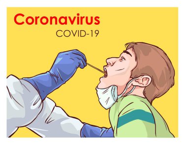 Hastanın üzerinde örnek taşıyan bir doktorun vektör çizimi. Covid 19. 