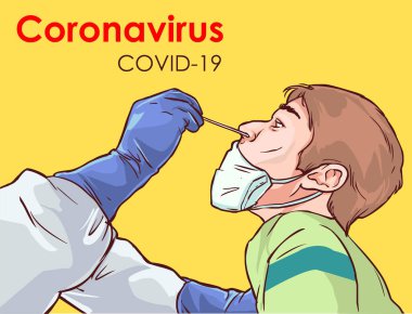 Coronavirus COVID-19 teşhisi. Tam antiviral koruyucu giysili doktor hasta için burun temizleme testi yapıyor. hisse illüstrasyonu