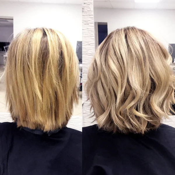 Antes y después del color de pelo rubio amarillo a rubio claro hermoso — Foto de Stock
