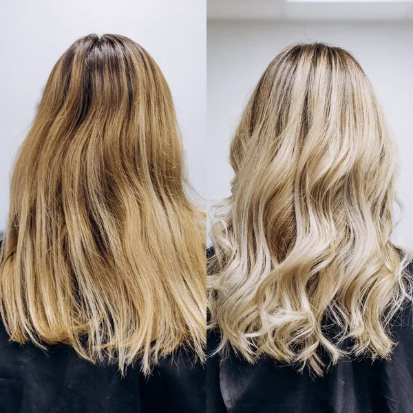 Antes y después del color de pelo rubio amarillo a rubio claro hermoso —  Fotos de Stock