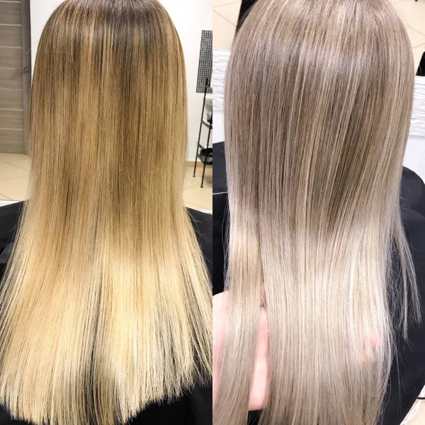 Antes y después del color de pelo rubio amarillo a rubio claro hermoso —  Fotos de Stock