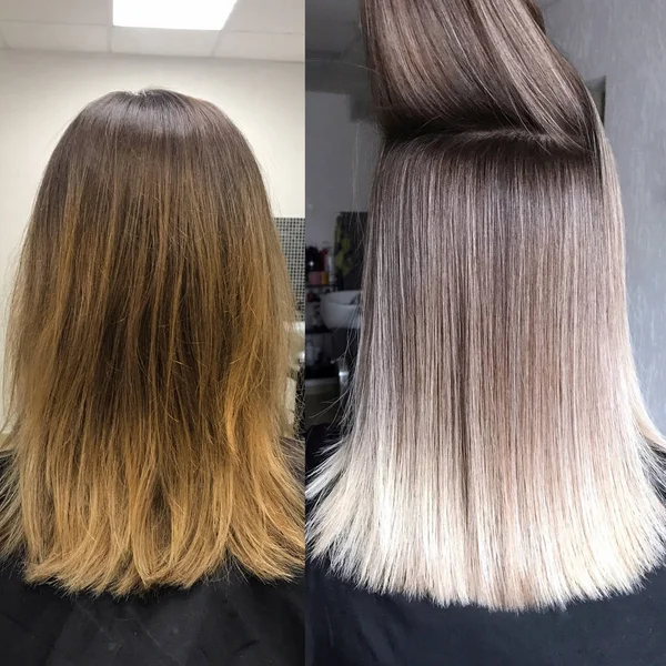 Vor und nach der Haarfarbe in kühlen Tönen — Stockfoto