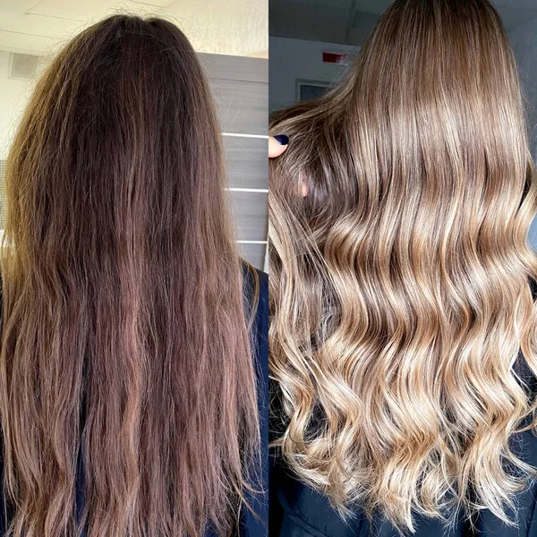 Avant et après la sortie de coloration complexe de noir à beau blond clair Image En Vente