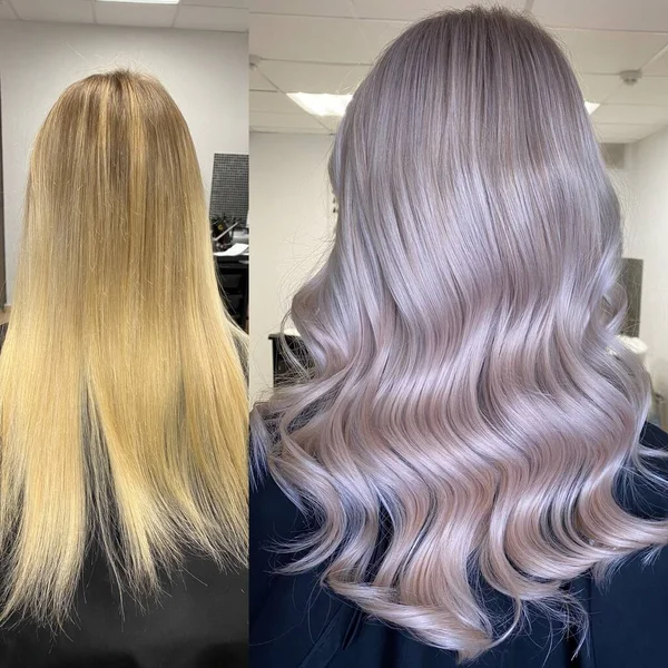 Avant et après la sortie de coloration complexe de noir à beau blond clair Photo De Stock