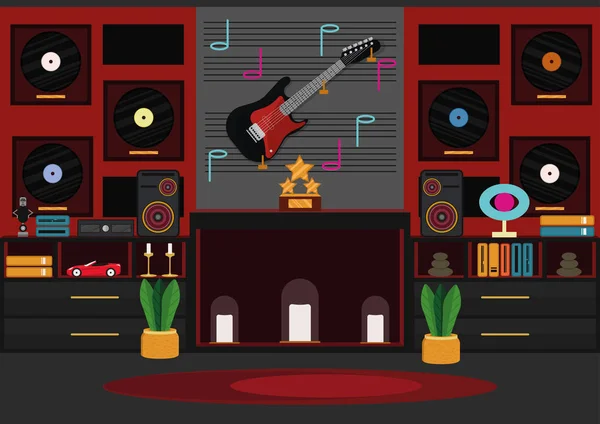 Yapay baca (oyuk) ile oturma odası. Rock yıldızı Oda. Kırmızı ve siyah renkli neon ışıkları ile modern tasarım