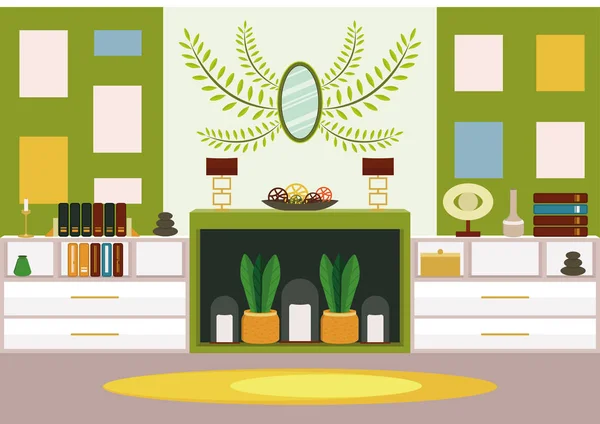 带人工烟囱的起居室 现代设计的绿色色彩 带一些大自然在你家 — 图库矢量图片