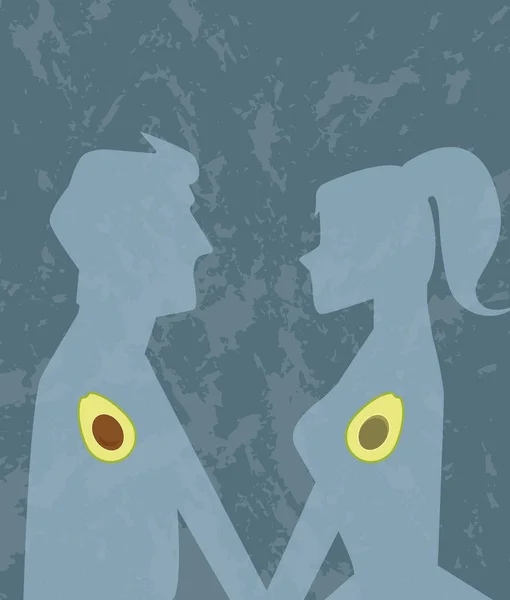 Avokado soulmates. Bir erkek ve kız çocuk el ele tutuşarak ve kalp yerine yarım avokado birbirlerine aitler ve en iyi yarısı buldular mı göstermek için var.