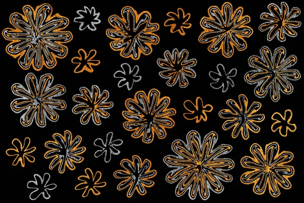 Painted golden and silver abstract flowers on black background — Stock Photo, Image