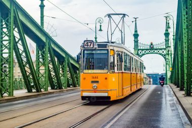 Özgürlük Köprüsü ve sarı tren Budapeşte '.